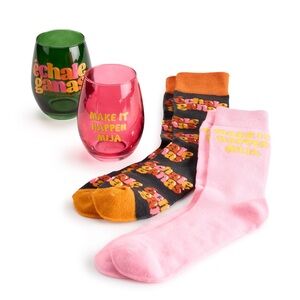 New Quiero Prints Echale Ganas stemless wine glass & sock  set